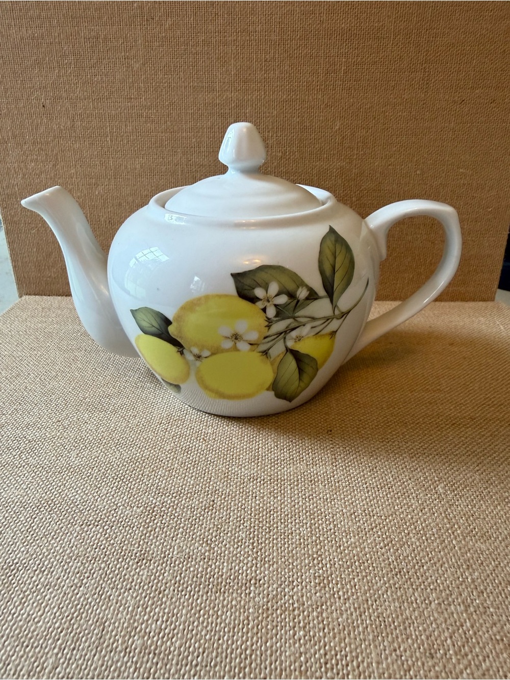 White Ceramic Teapot with Yellow Lemon Motif